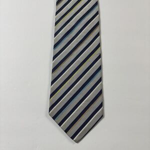 Hugo Boss ITALY Gray  Blue Stripe 100% Silk Neck Tie Classic